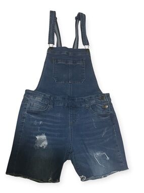 Wax Jean Women’s Large Distressed Denim Short Overalls Medium Wash